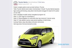 PENIPUAN ONLINE : Jangan Tertipu, Undian Berhadiah Toyota Sienta Hoax!