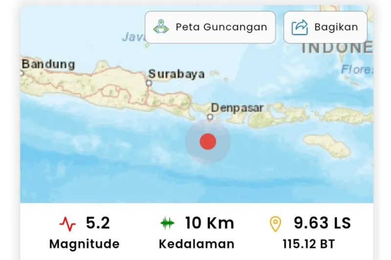 Dua Gempa Bumi Dangkal M 5 Guncang Bali, Getaran hingga Nusa Tenggara Barat